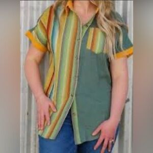 Rowdy Crowd Striped Multicolor Button-Up Short Sleeve Womens Boutique Shirt